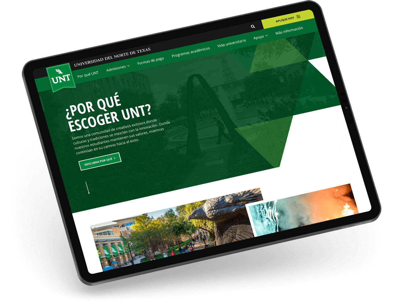 Tablet view of UNT's  home page