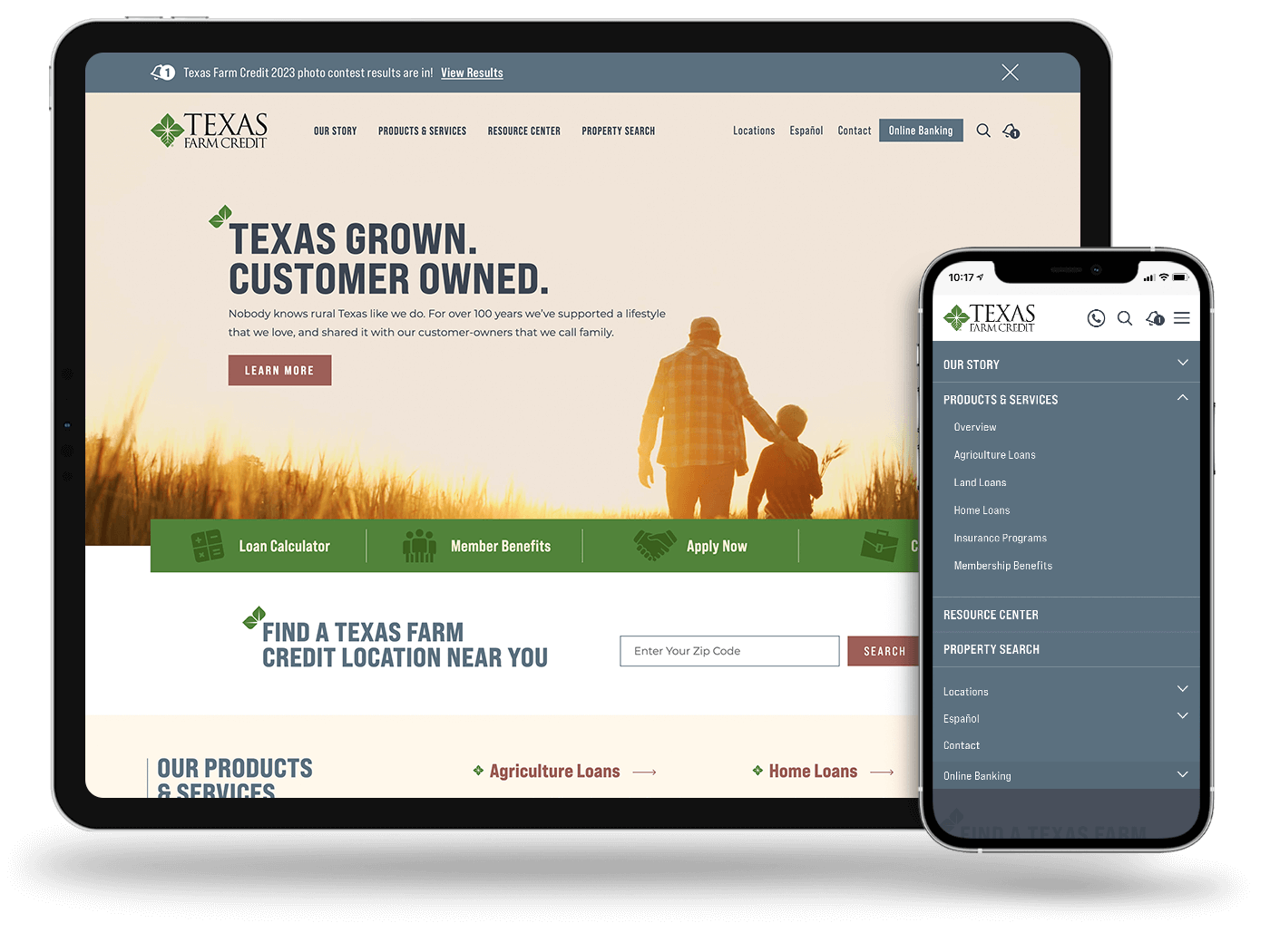 Tablet view of the Texas Farm Credit homepage and mobile view of the navigation.