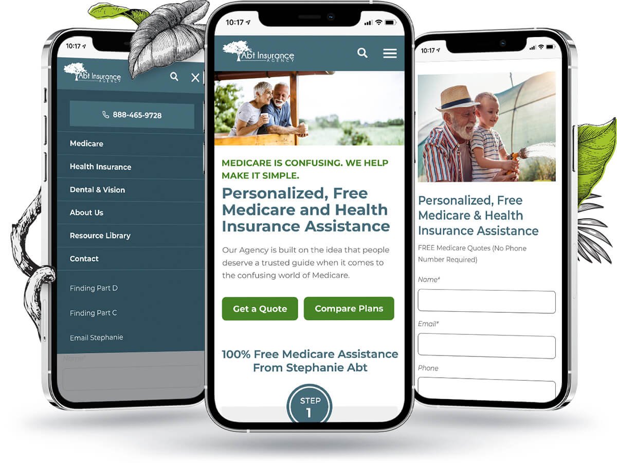 Three phones displaying the Abt Insurance homepage, menu, and quote form