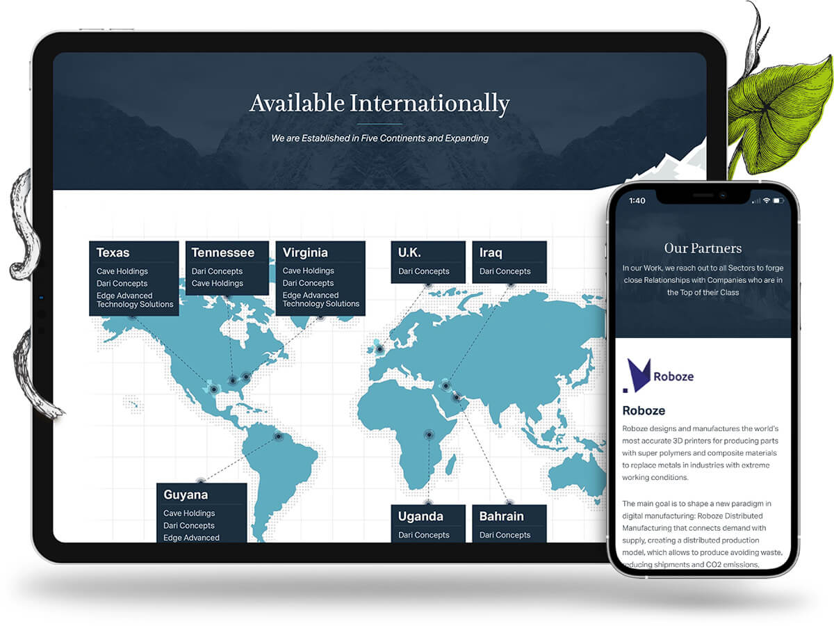 A tablet and phone displaying the Cave Holdings global reach page