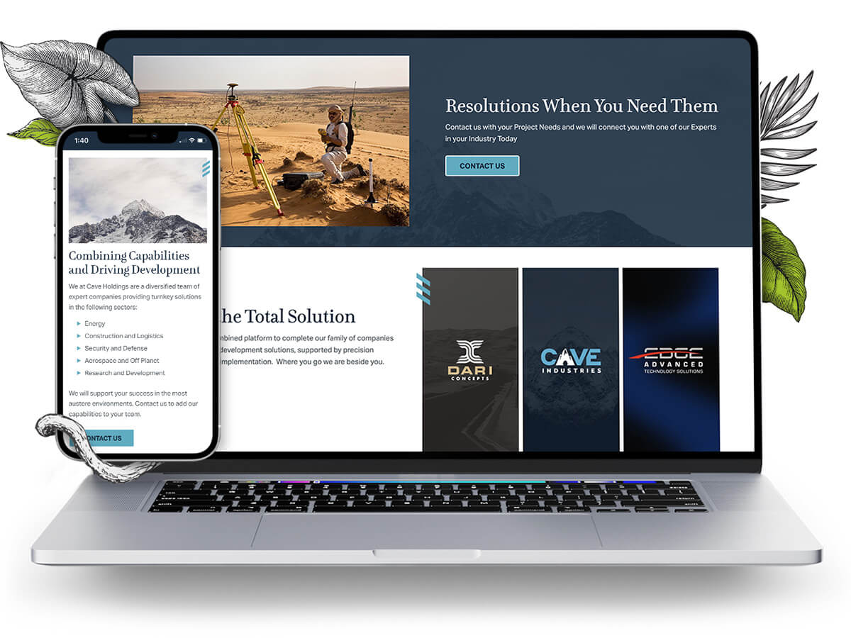 A laptop and phone displaying the Cave Holdings homepage