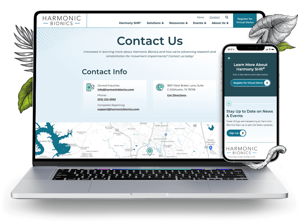 Laptop view of the Harmonic Bionics contact page with a phone view of the footer