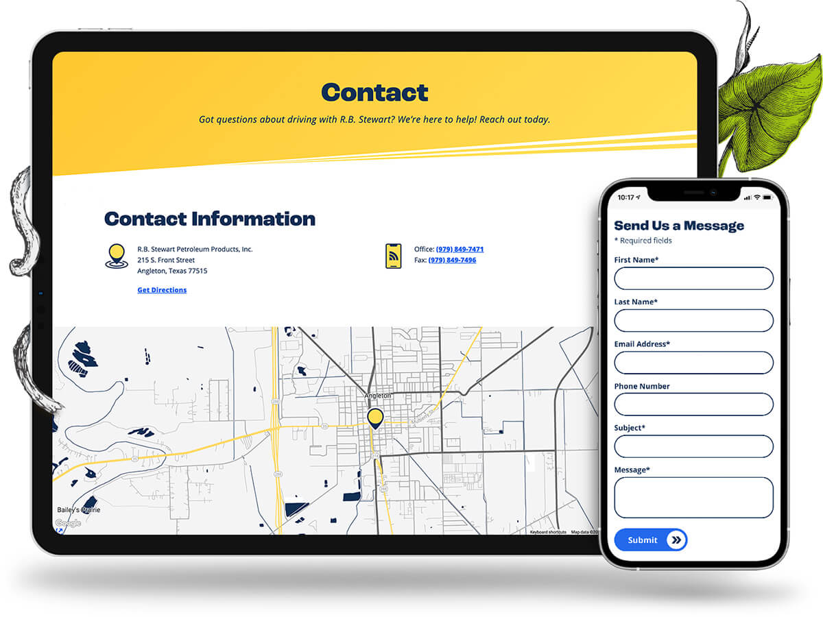 tablet and phone view of the R.B. Stewart contact page