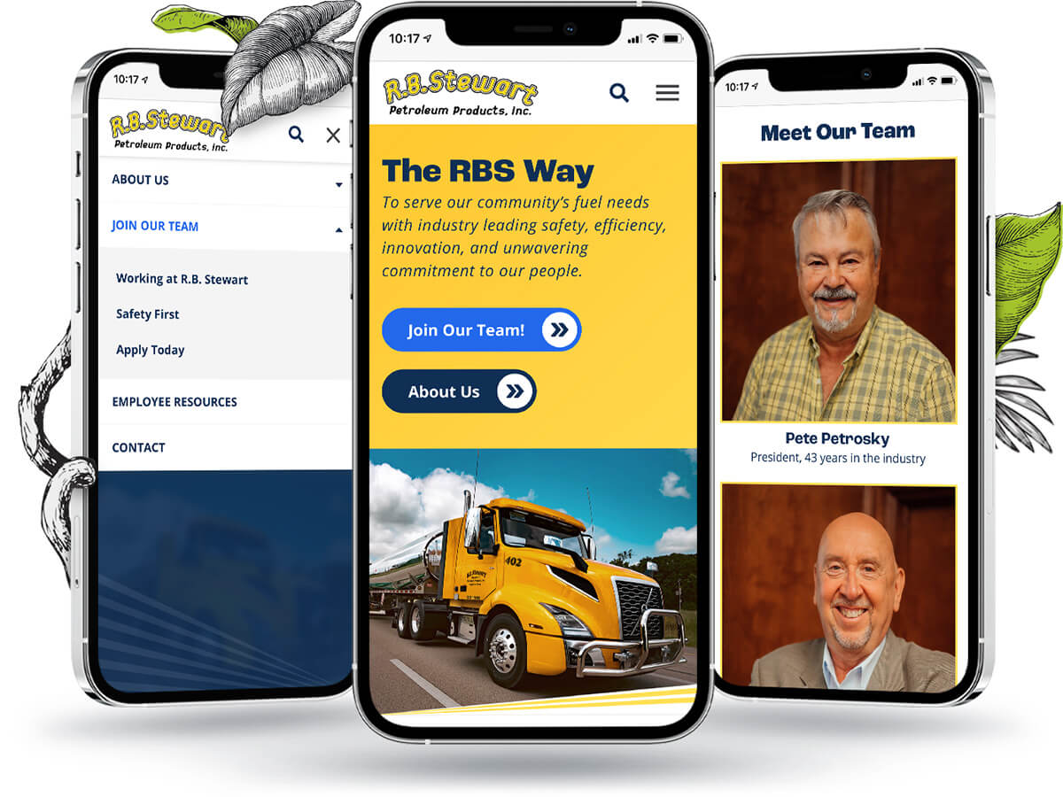 Three phones showing the R.B. Stewart homepage, navigation, and team page