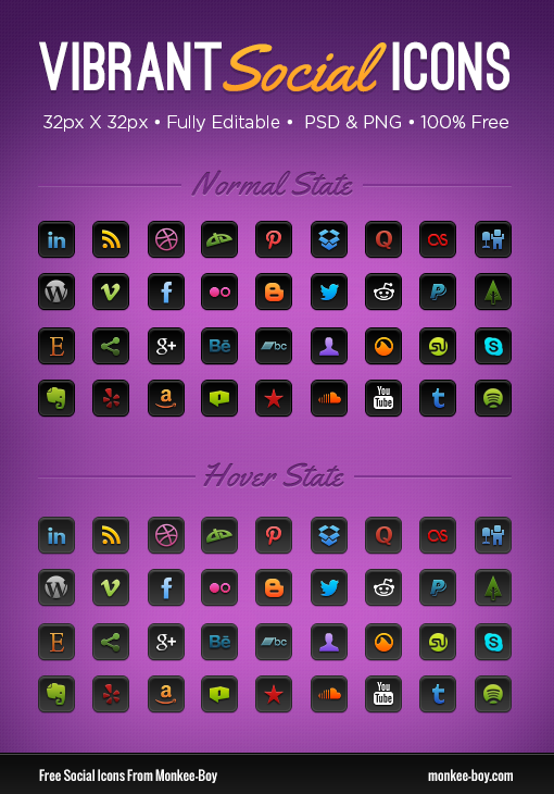 36 Free Vibrant Social icons With Hover States