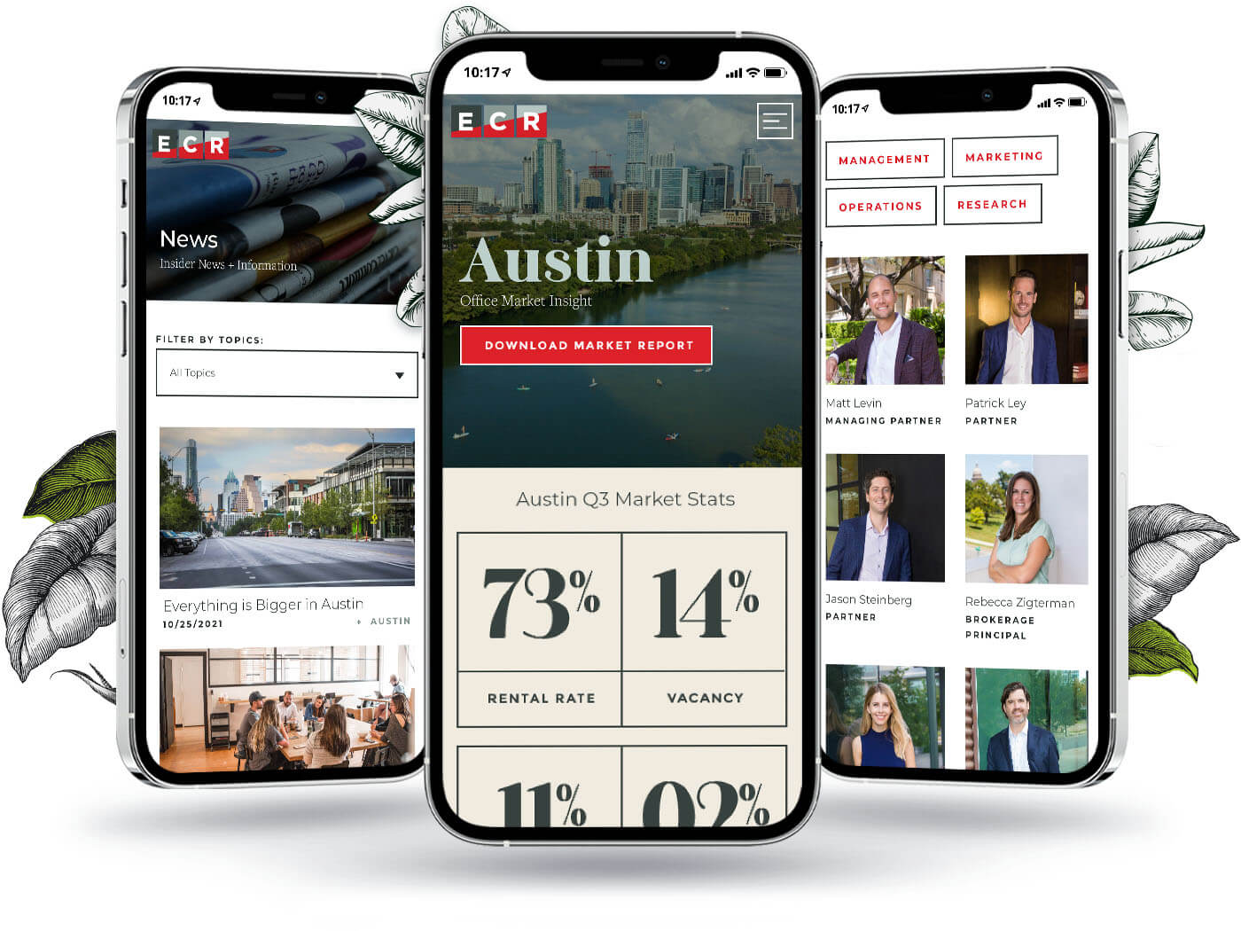 Three phones displaying the ECR news, Austin market insights, and team page