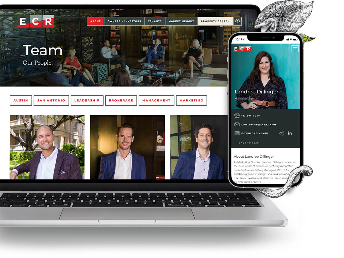 Laptop and phone view of the ECR team overview and bio page