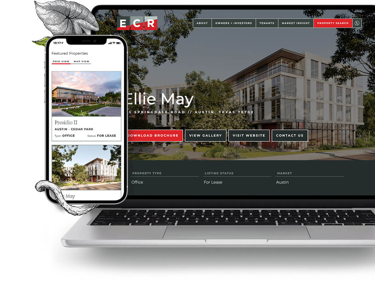 Laptop and phone view of the property search listings and listing subpage