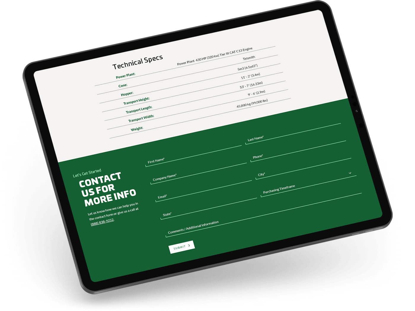 Ipad displaying equipment specs and contact form