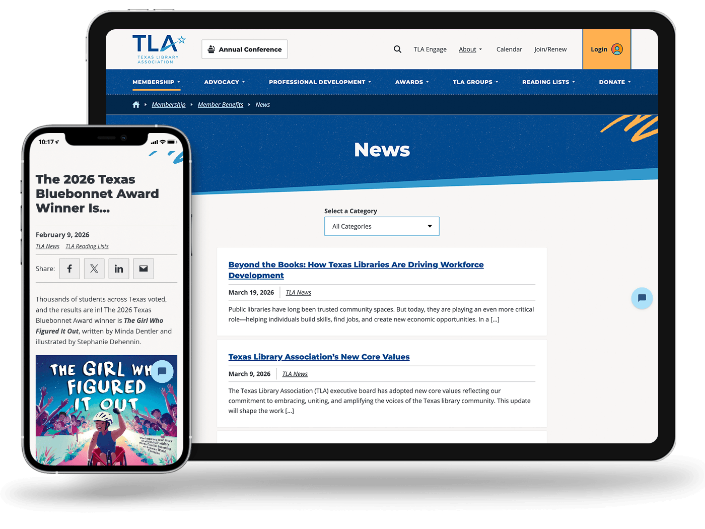 A smartphone and tablet display news from the Texas Library Association website.