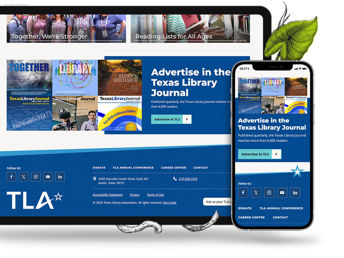 Tablet and phone display the Texas Library Association website with old elements mixed in with the new design.