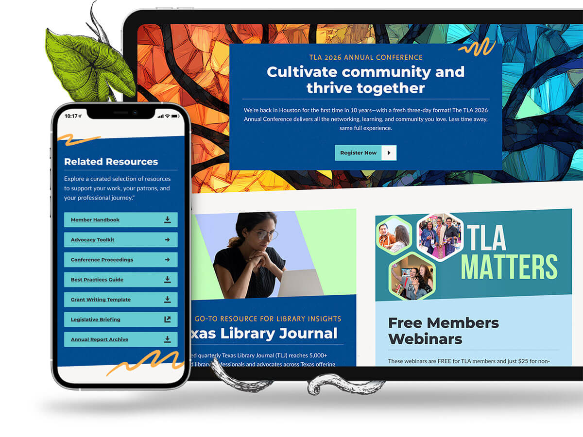 A phone and laptop display well branded elements on the Texas Library Association website. The phone shows resource links, and the laptop features various CTAs.
