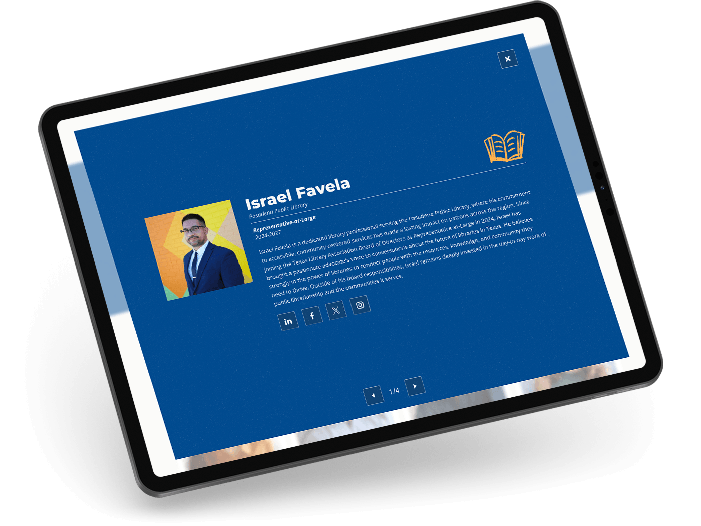 Tablet displaying a board member's bio on a blue modal with a book icon on the right.