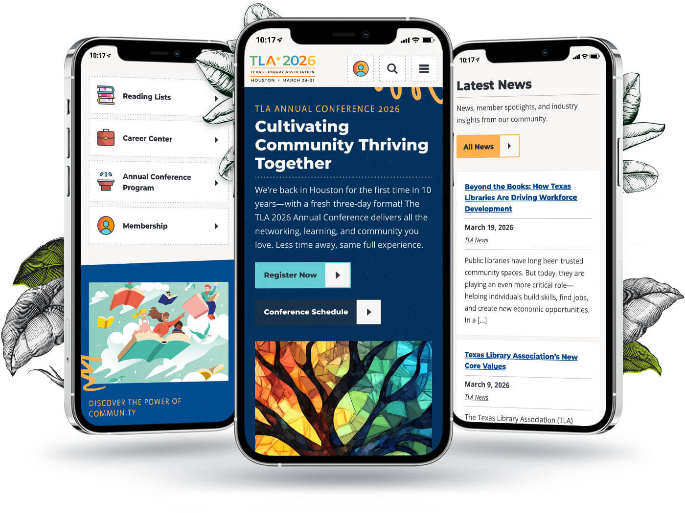 Three smartphones display different sections of the TLA website. The screens show helpful links, conference details, and latest news.