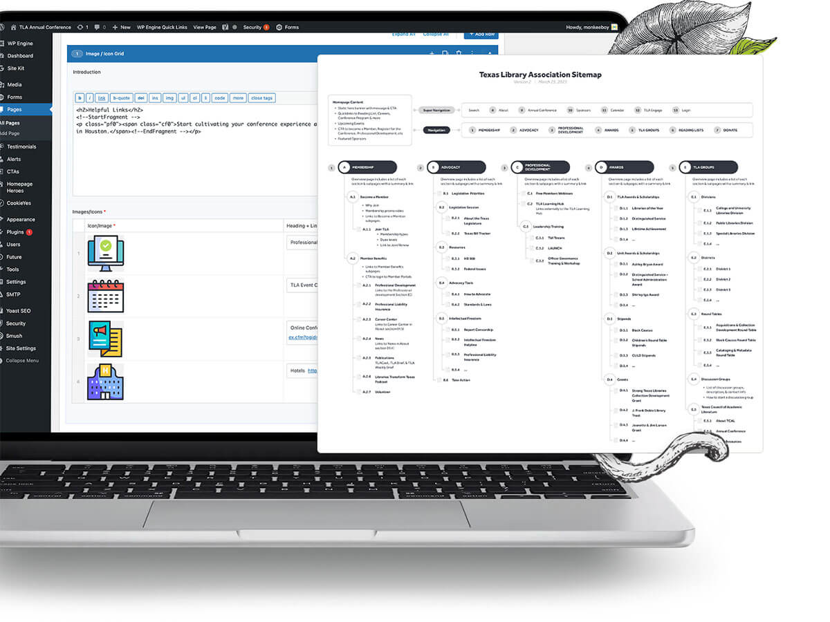 Laptop displaying a content management system on the screen with a detailed Texas Library Association sitemap overlaid.