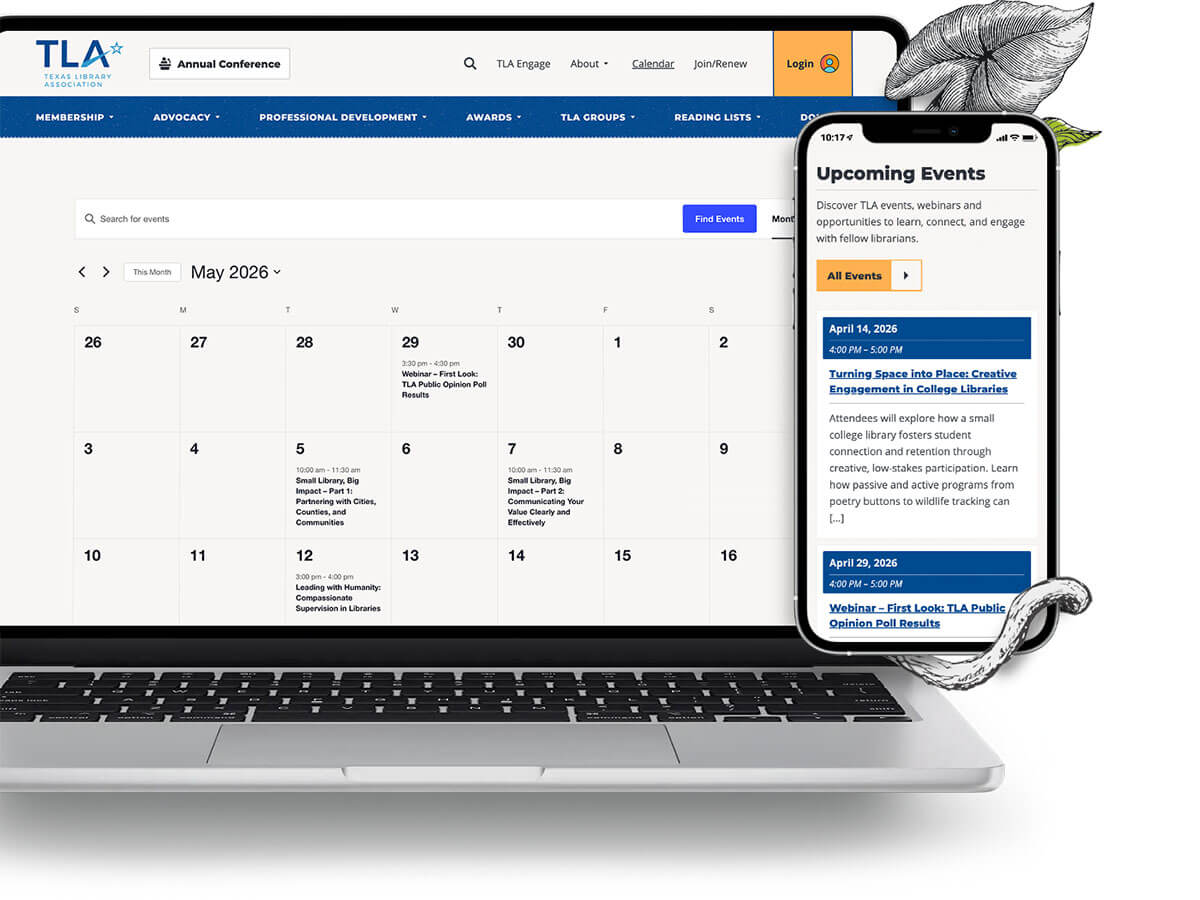 Laptop and smartphone displaying a calendar and event list for the Texas Library Association.