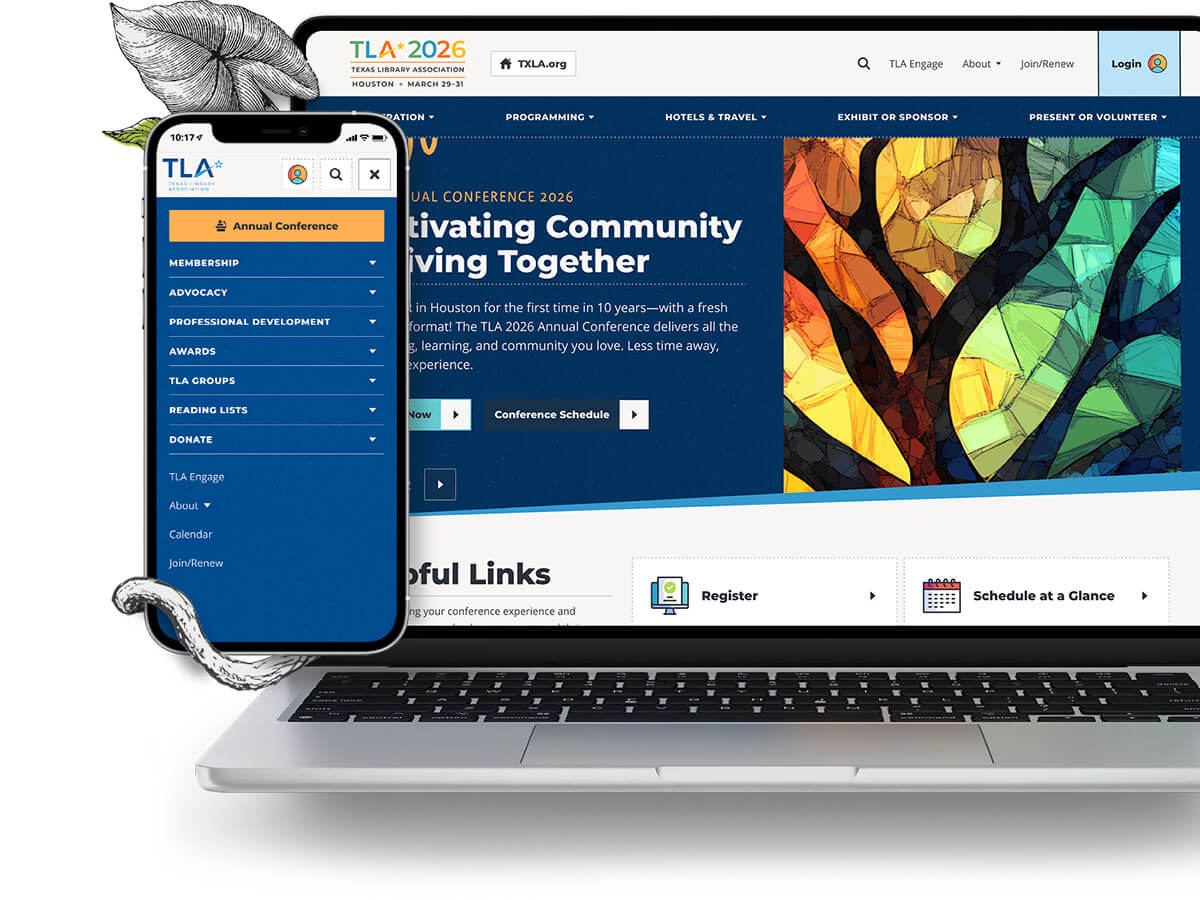 Website displaying TLA 2026 Annual Conference details on a laptop and smartphone.