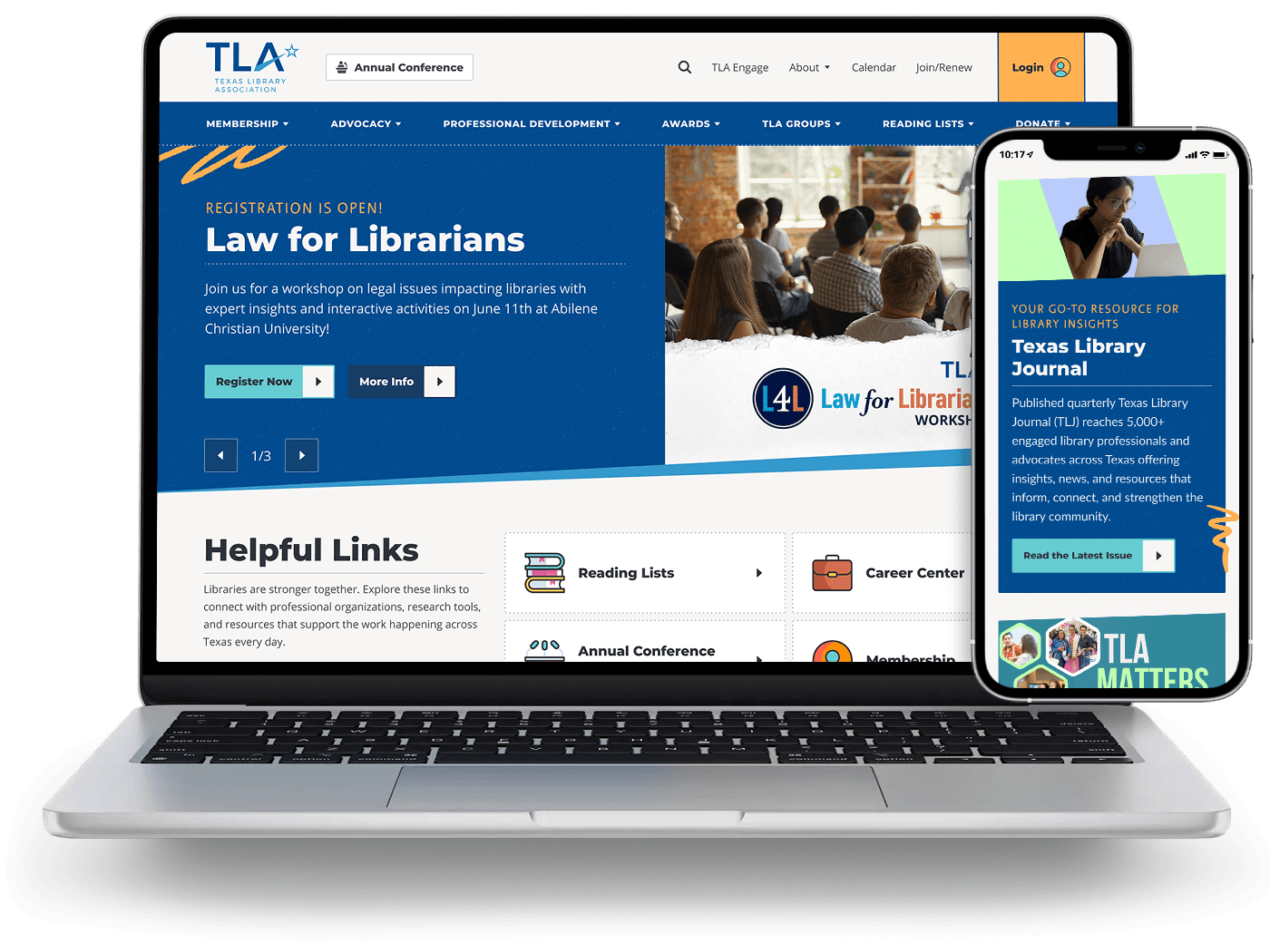 Laptop and phone display the Texas Library Association website's homepage.