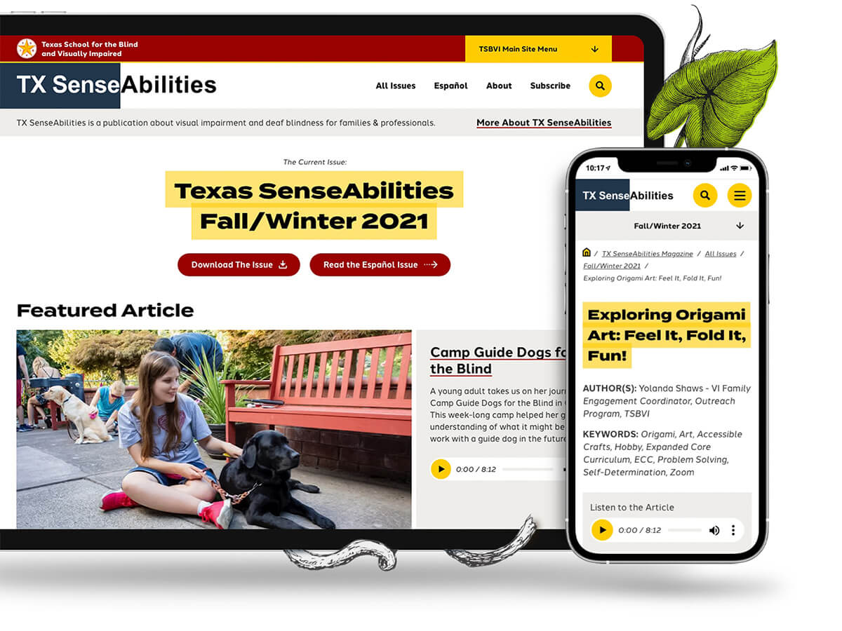 Tablet and phone view of the Texas Sense Ability overview and article subpage