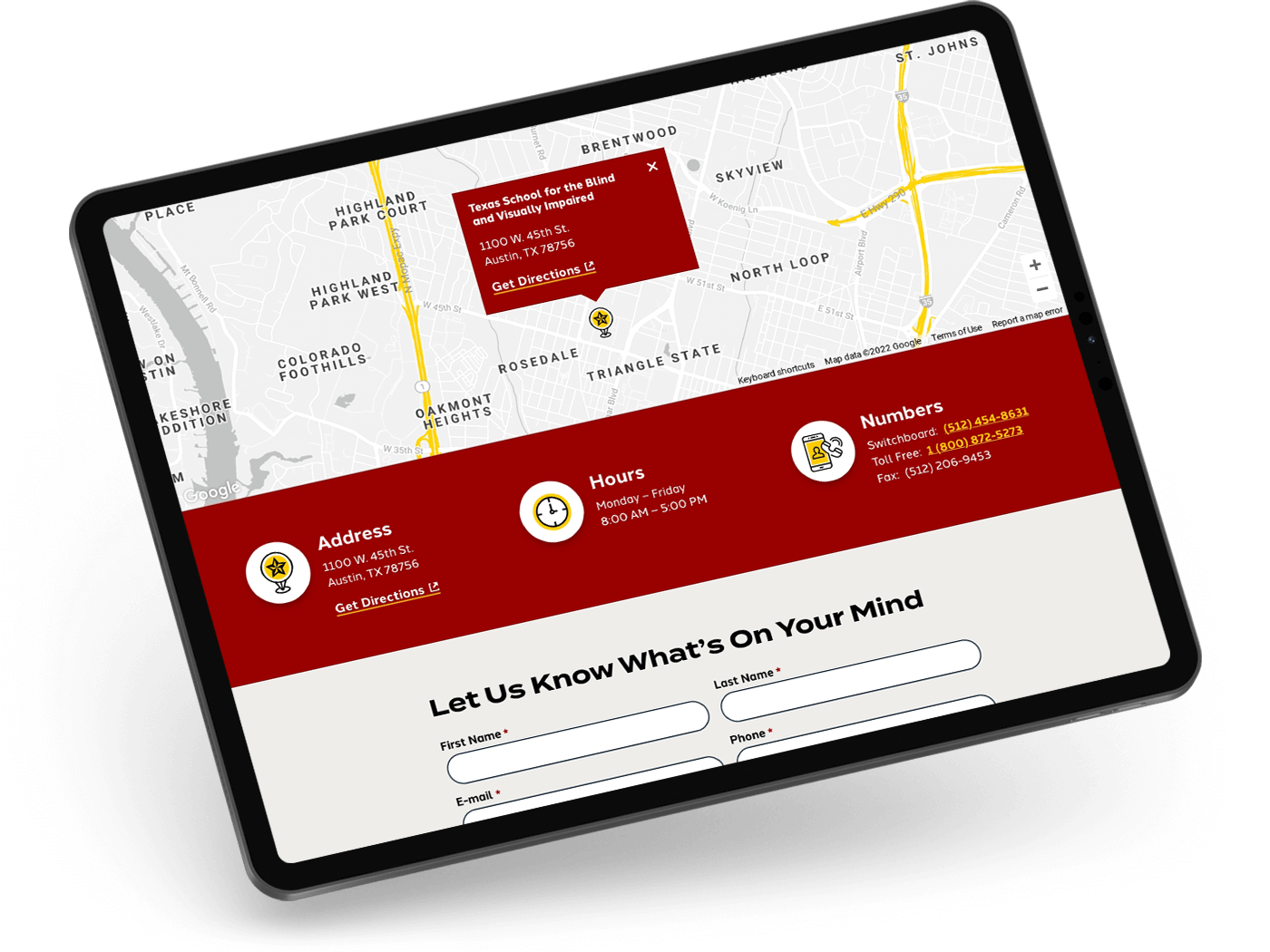 Tablet view of the contact page