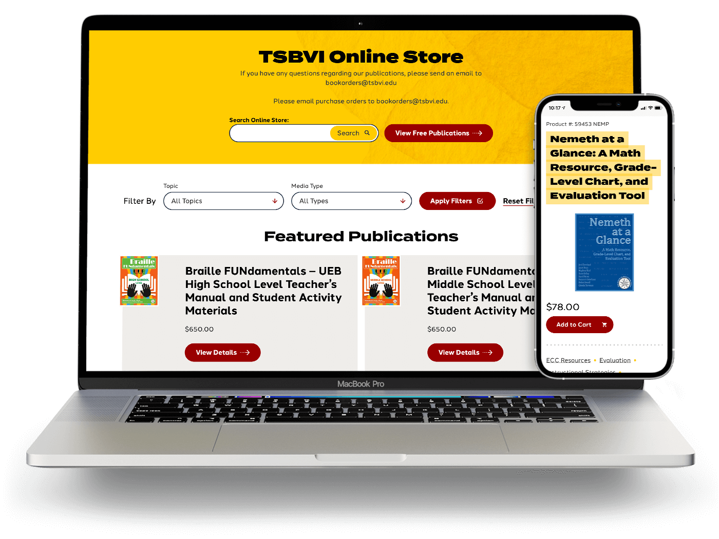The TSBVI store on a laptop and phone