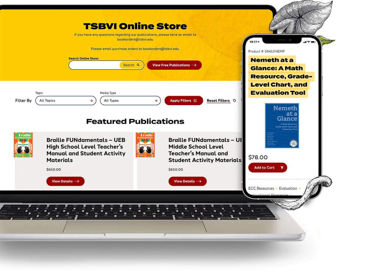 Laptop and phone view of the TSBVI online store overview and product subpage