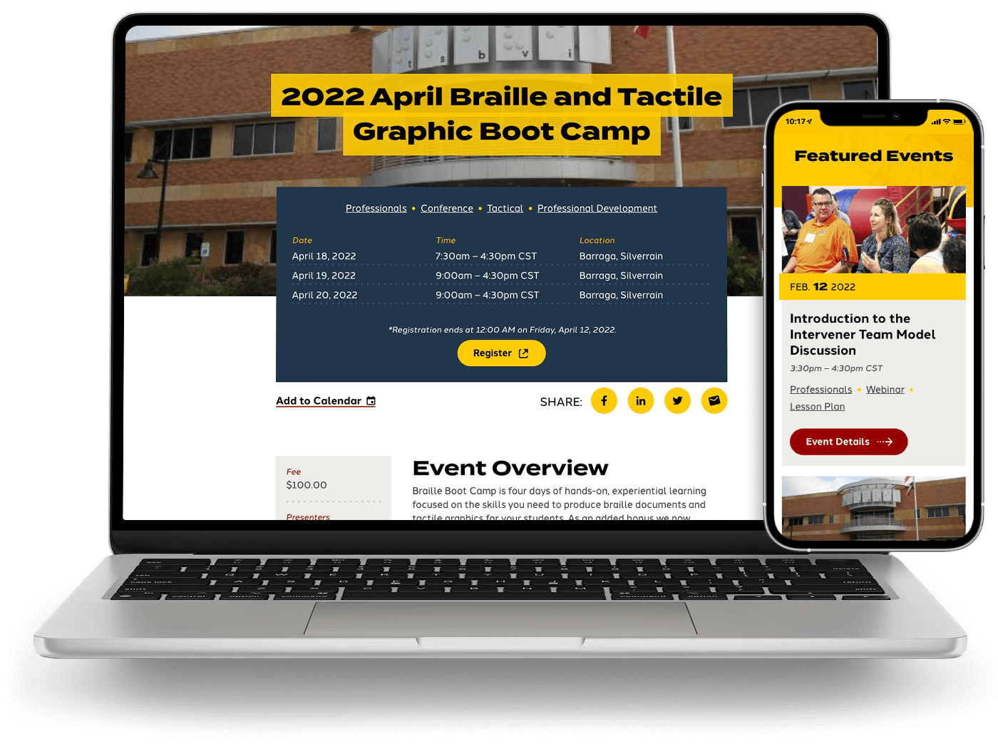 Laptop and phone view of the event listings and subpage