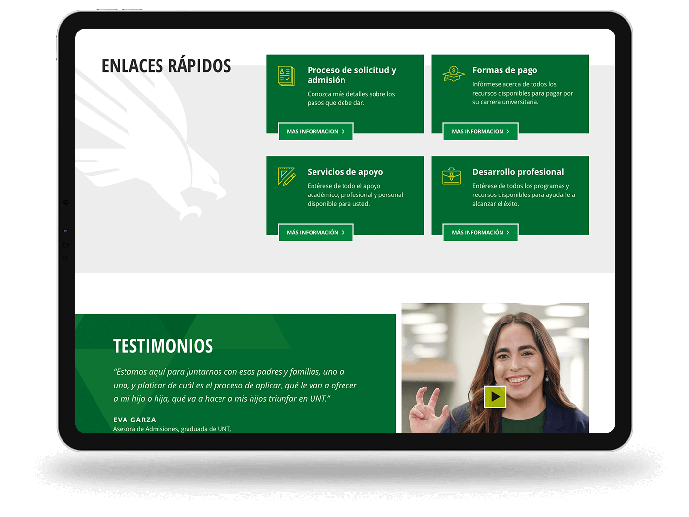 Tablet view of UNT's quicklinks and testimonials