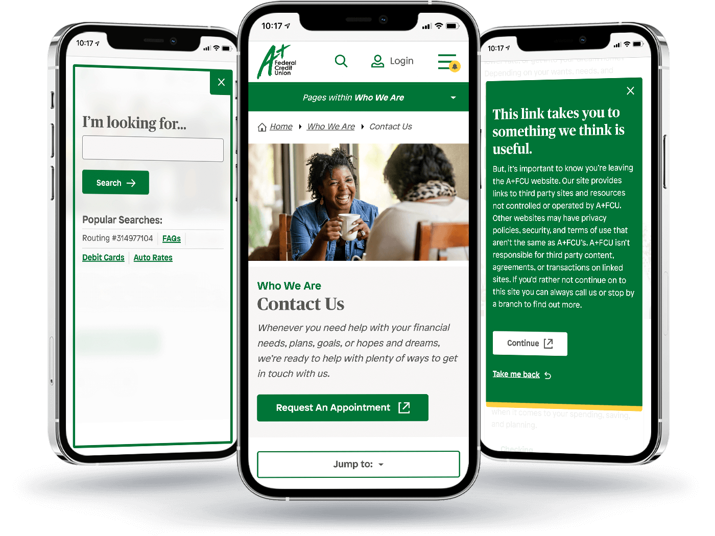 Mobile phones featuring webpages from the A+Federal Credit Union Website