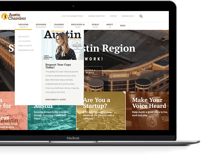 Austin Chamber menu hover features integrated news headlines