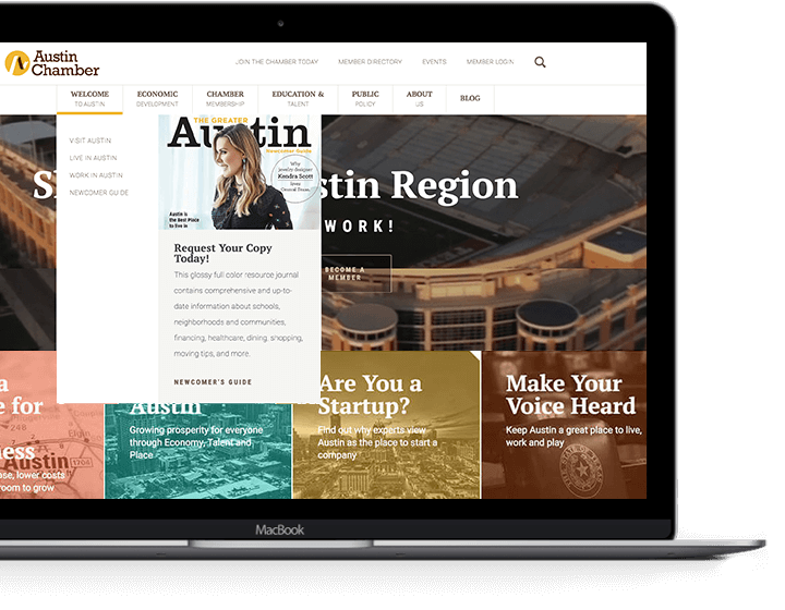 Austin Chamber menu hover features integrated news headlines 
