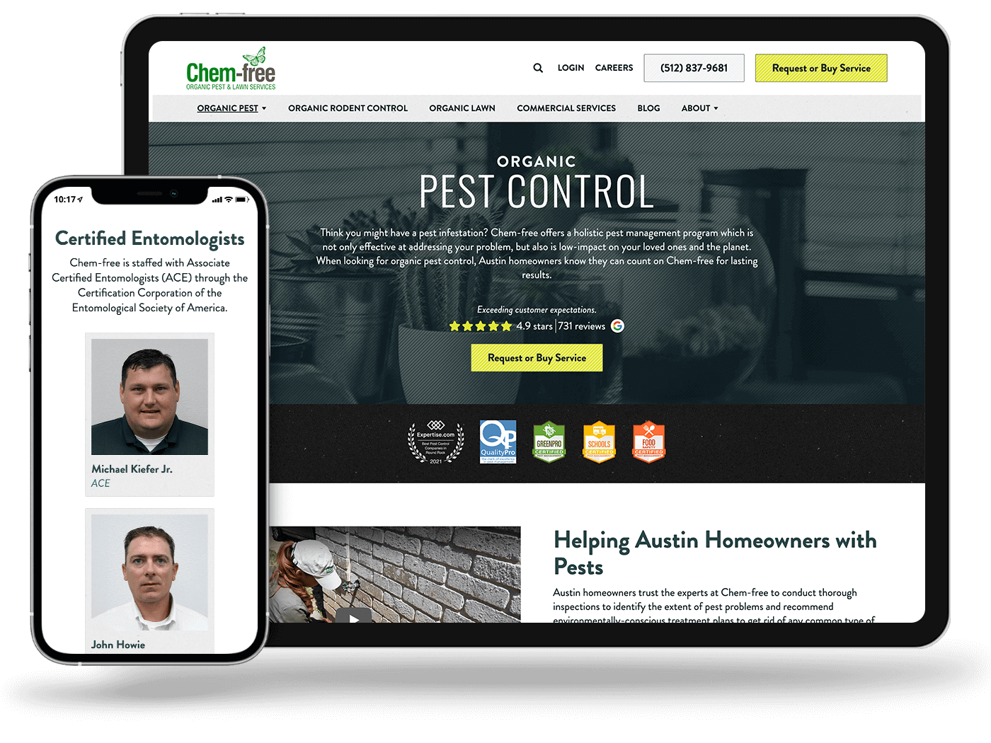 A tablet and phone showing the pest control subpage hero banner and certified entomologists