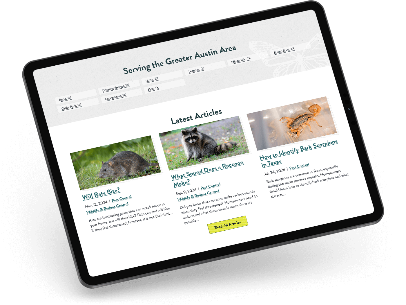 A tablet showing Chem-free hyperlocal pages and blog feed