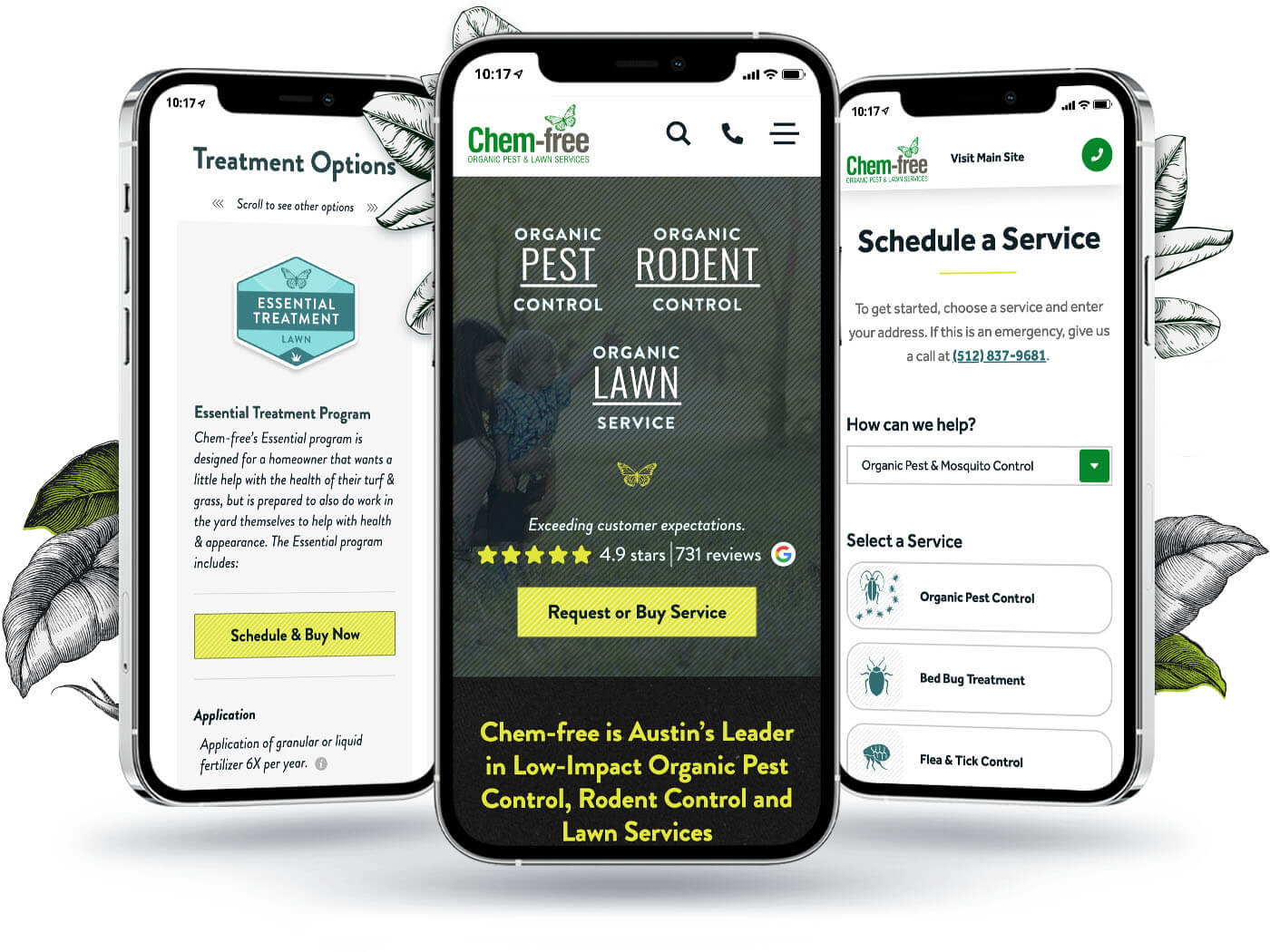 Three phones showing show the Chem-free homepage, pricing options, and the Click to Buy customer experience