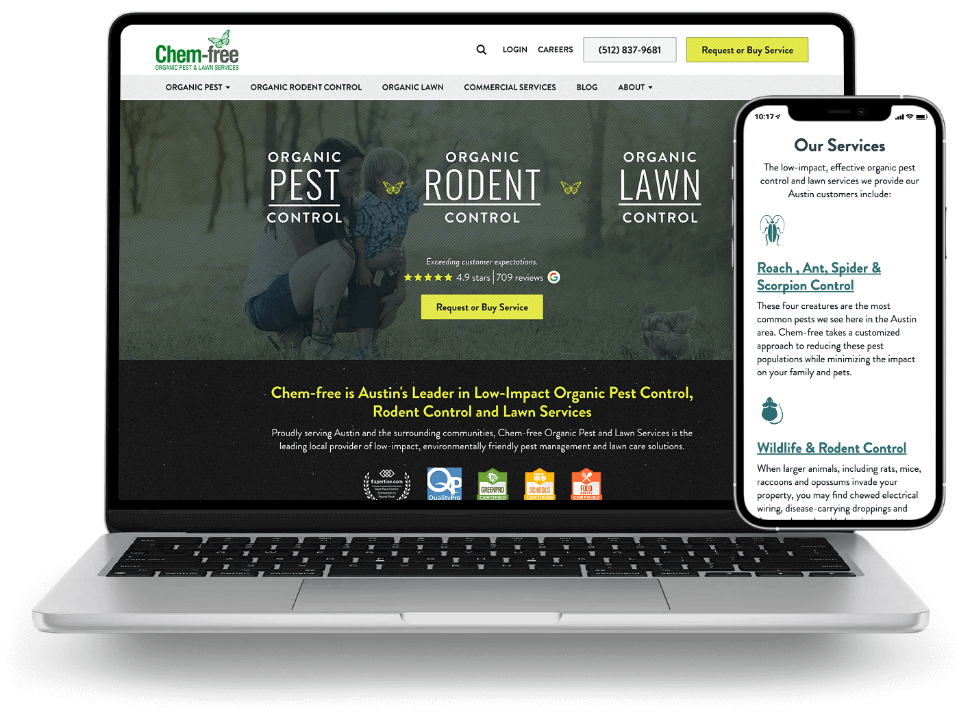A laptop and phone displaying the Chem-free homepage