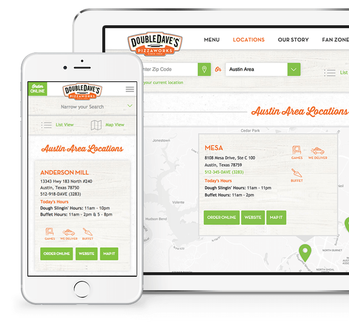 DoubleDave's Pizzaworks locations mobile view.