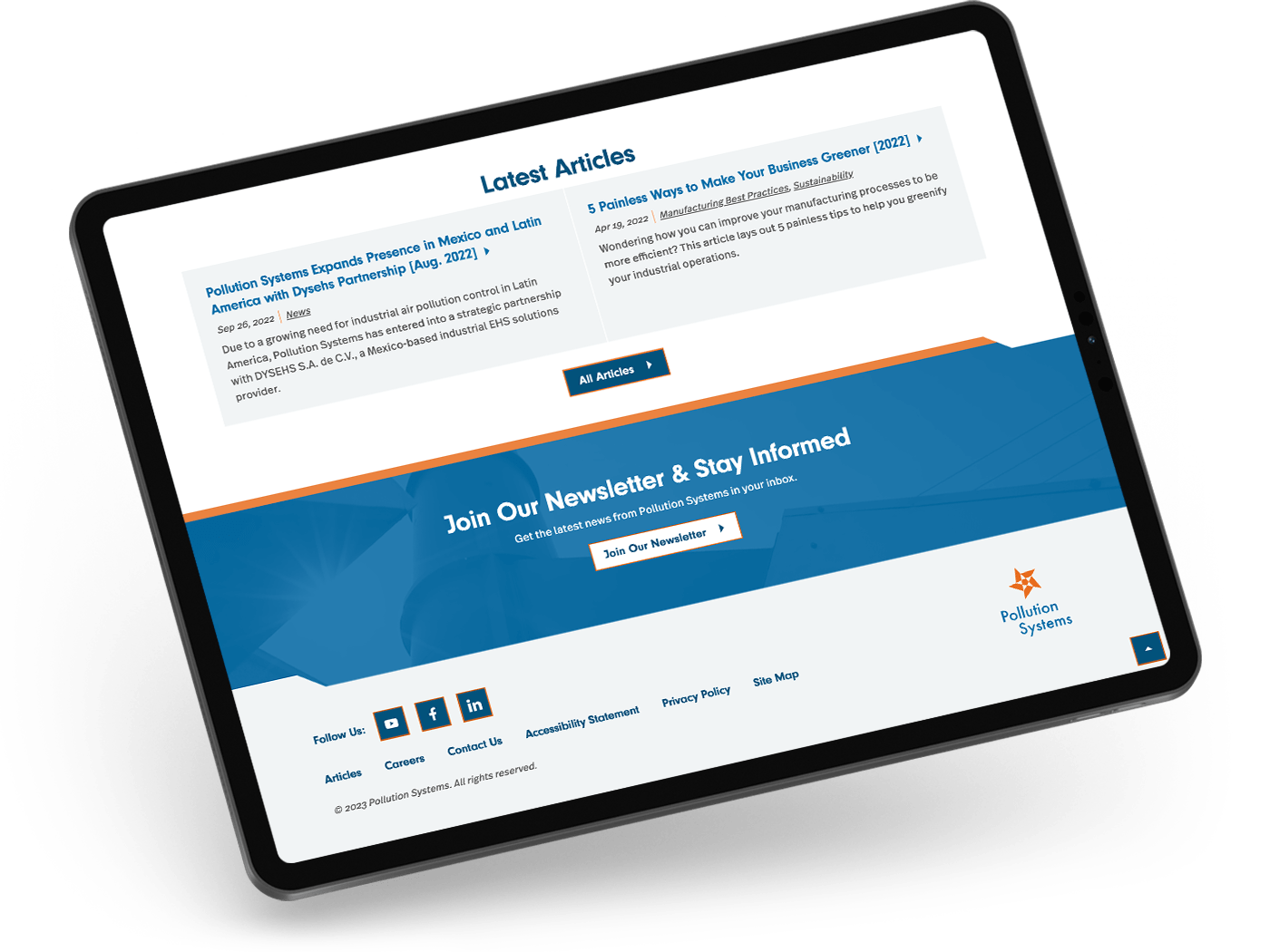 A tablet showing the latest news and the site footer.