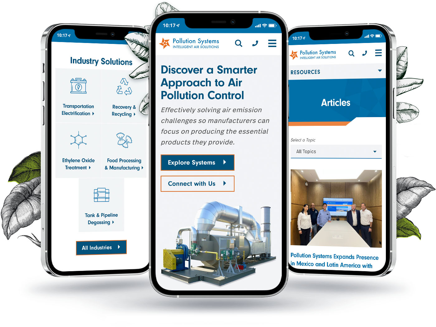 Three phones showing the pollution systems homepage, industry quick links, and blog overview