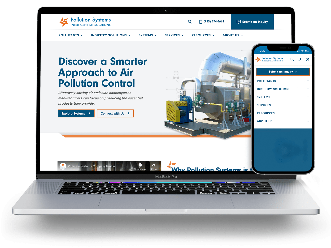 Laptop and phone showing the pollution systems homepage and navigation.