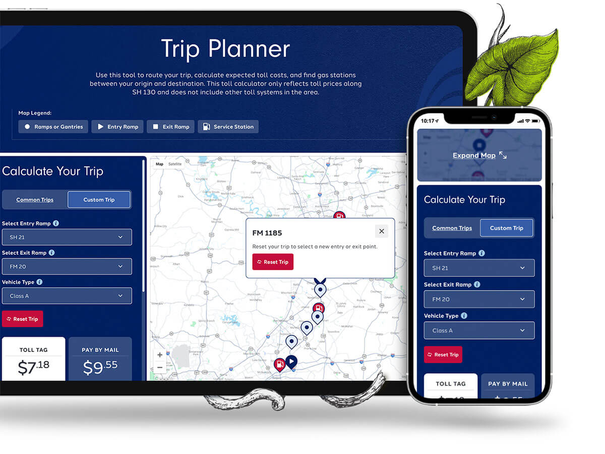 The Trip Planner on tablet and phone, with entry ramp, exit ramp, and vehicle type selectors, a route map, and toll tag and pay-by-mail prices.