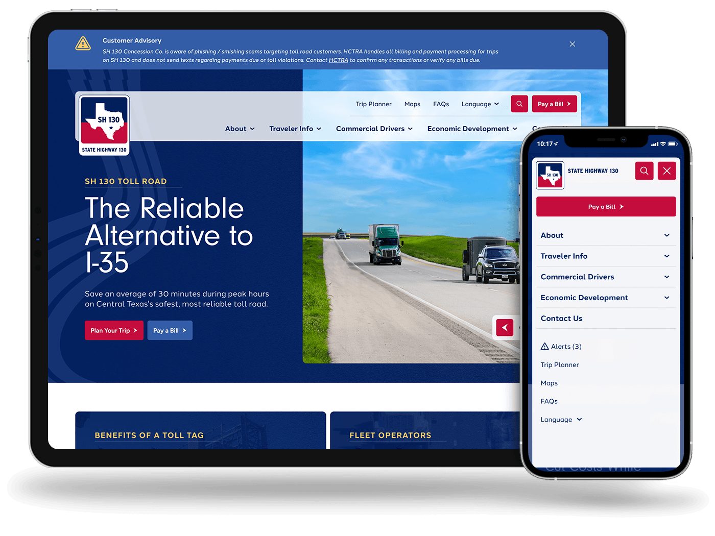 The SH 130 homepage on tablet with a customer advisory banner, alongside the open mobile navigation menu.