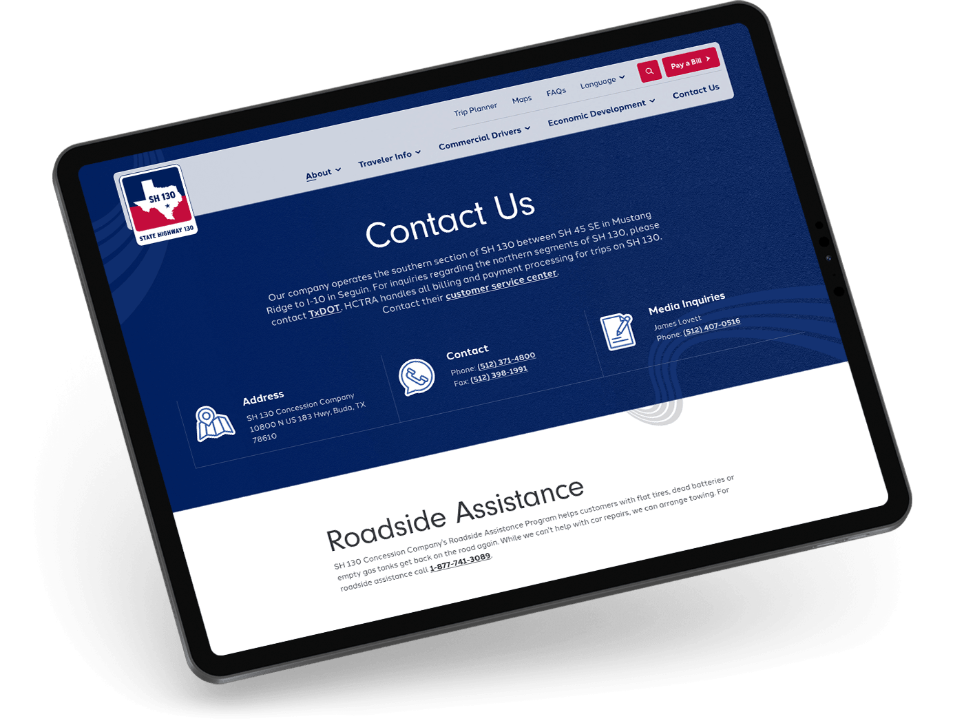 The Contact Us page on a tablet, showing the company address, phone numbers, media contact, and Roadside Assistance information.