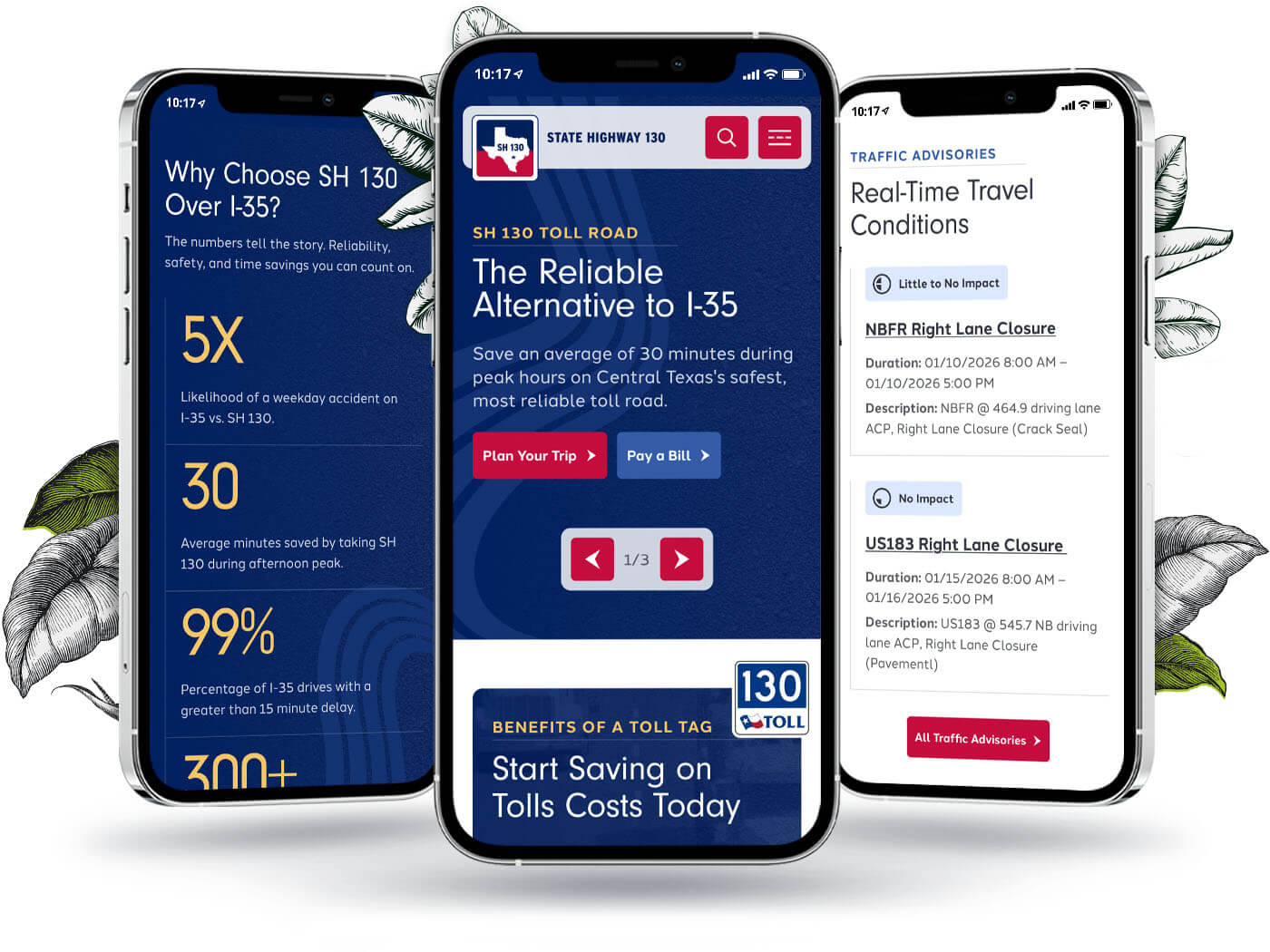 Three phones showing SH 130 stats comparing the road to I-35, the mobile homepage, and the Real-Time Travel Conditions advisory list.