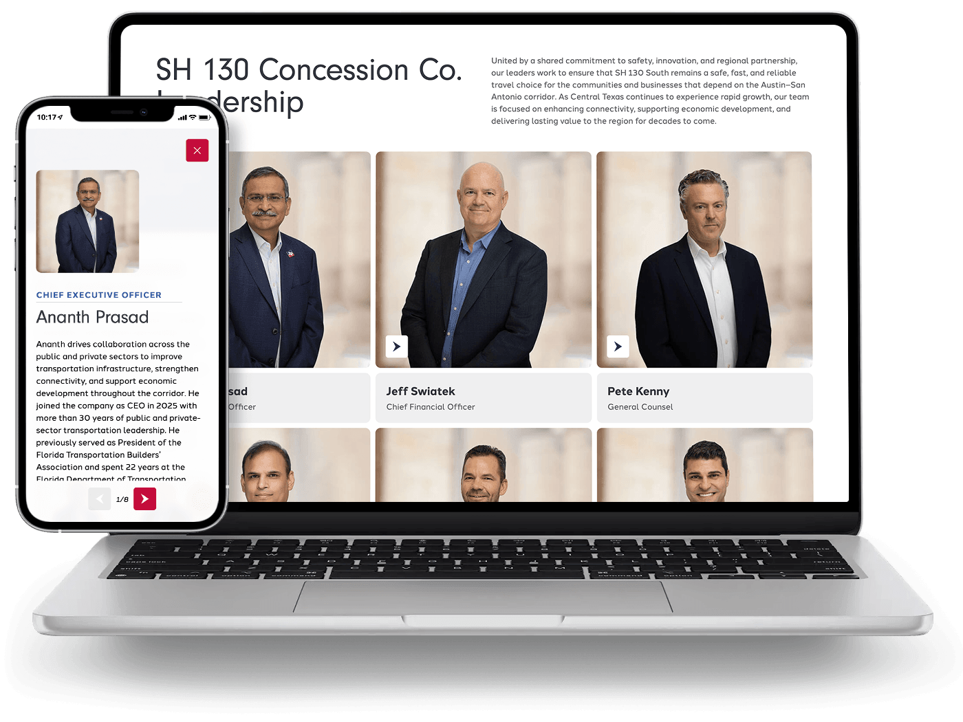 The Leadership page on laptop, with executive headshots, and a phone showing the CEO’s profile.