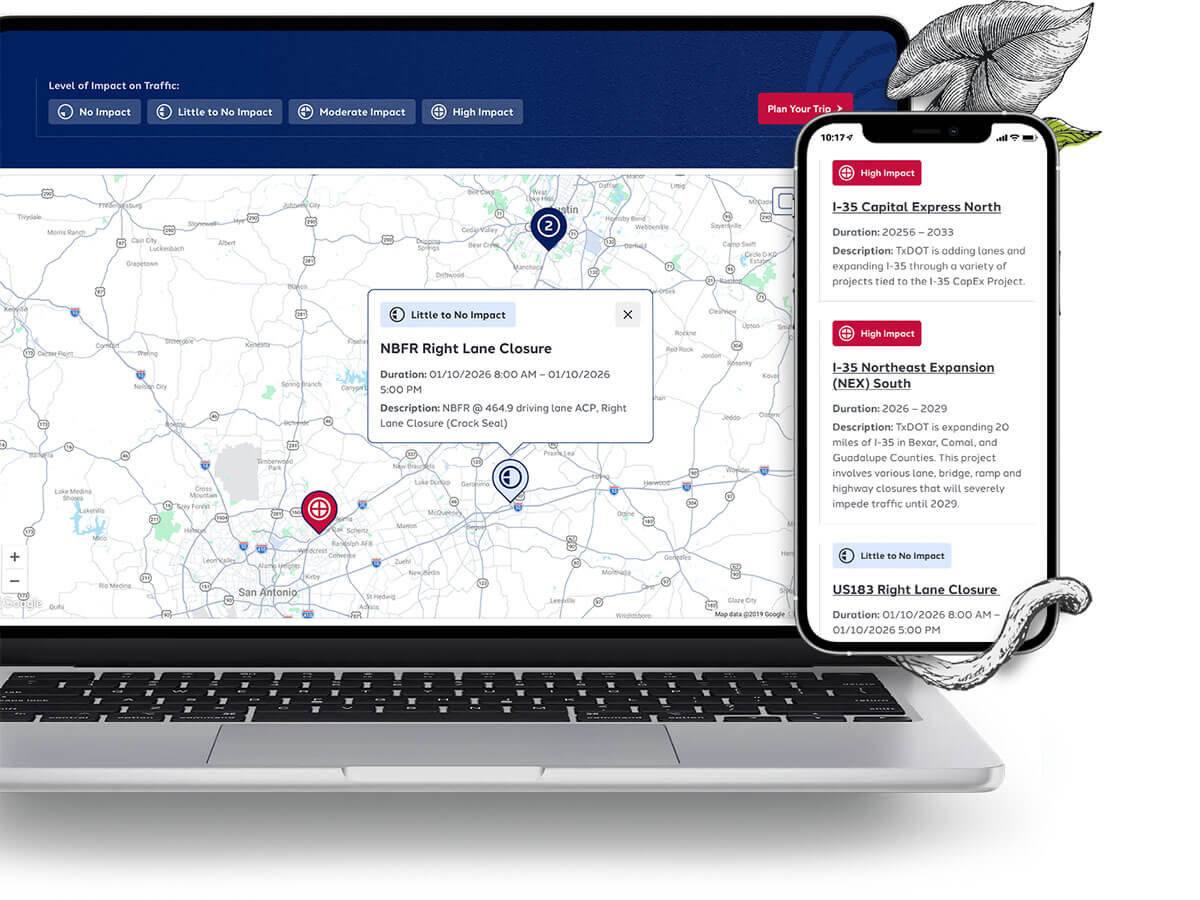 The traffic advisory map on laptop with an impact-level legend and a closure pop-up, plus a phone listing I-35 construction advisories.