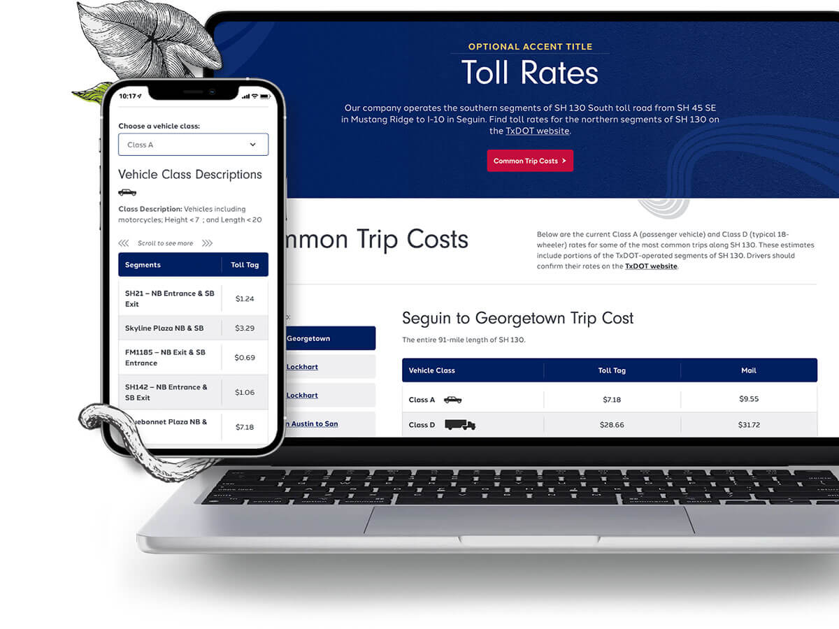 The Toll Rates page on laptop with common trip costs by vehicle class, and a phone showing vehicle class descriptions and segment rates.