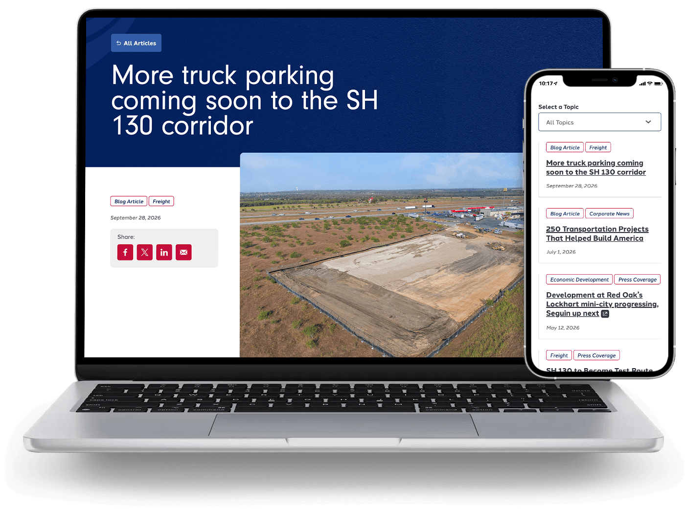 A news article on laptop about truck parking coming to the SH 130 corridor, and a phone showing the filterable article list.