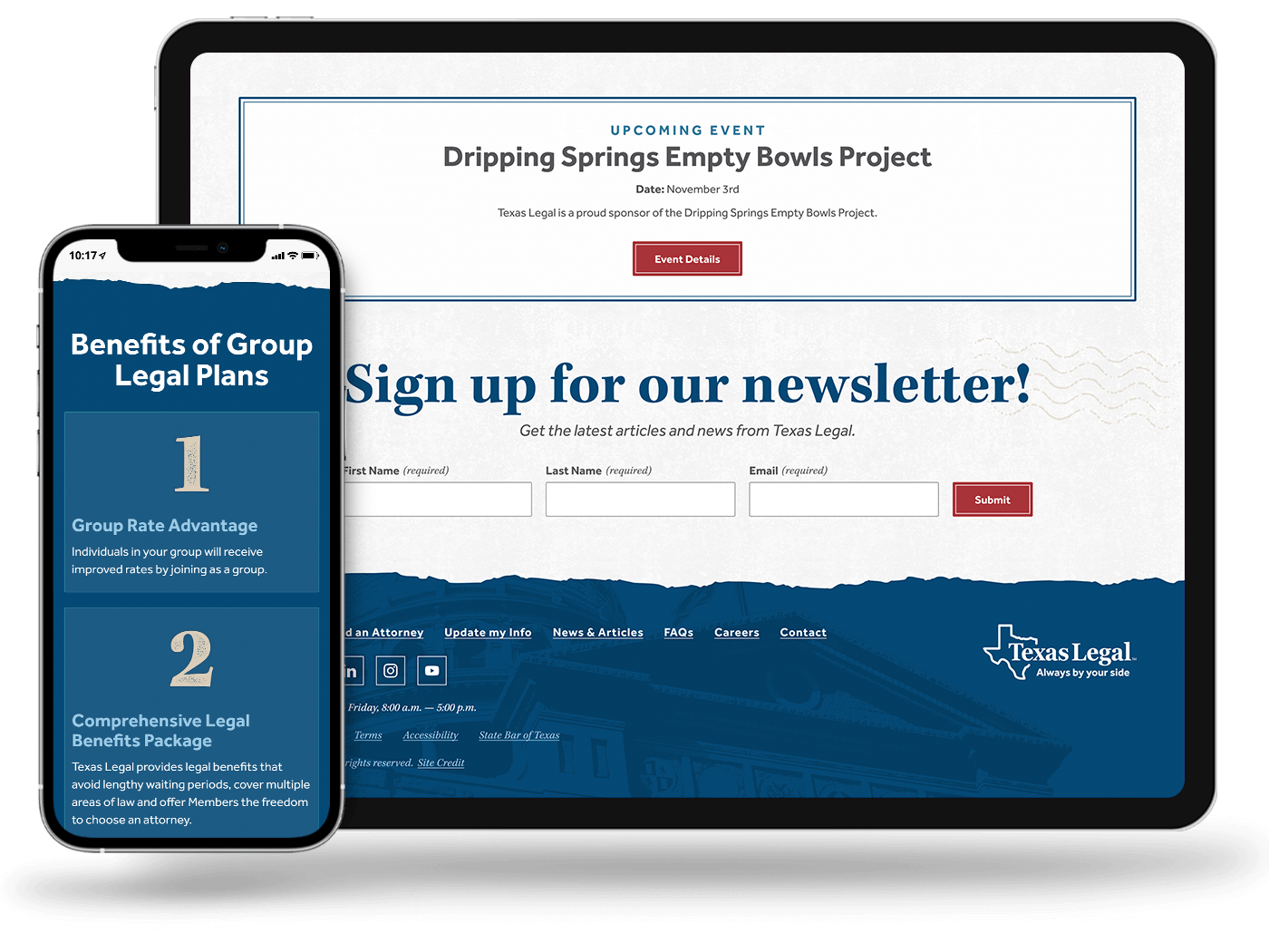 A tablet and phone view of the footer with newsletter sign up form and the benefits of group legal plans