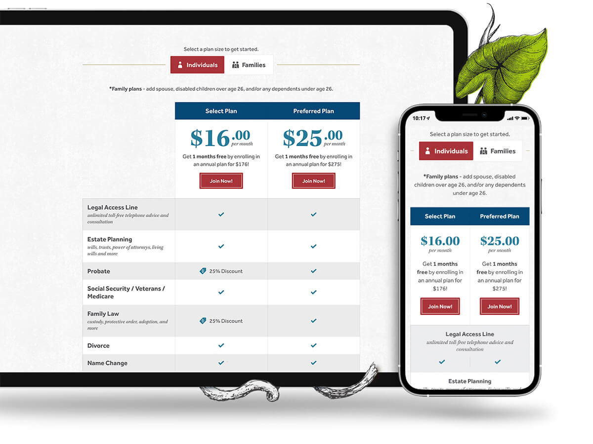 A tablet and phone view of the plan comparison table