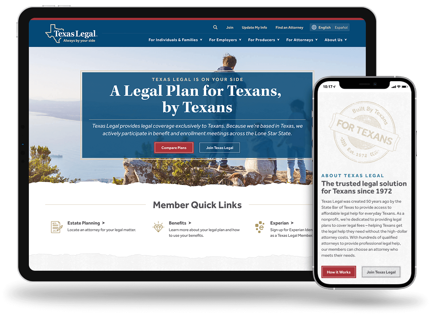 A tablet and phone displaying the Texas Legal homepage